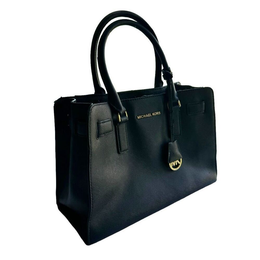 Michael Kors Black Dillon Saffiano Leather Gold EW Satchel Bag Purse